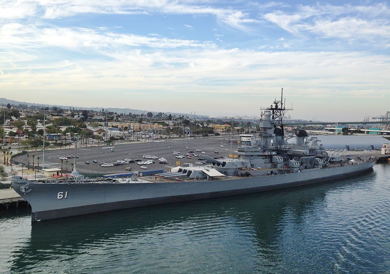 USS Iowa Museum — A port side view of the Battleship USS Iowa taken from a departing cruise ship at the Port of Los Angeles