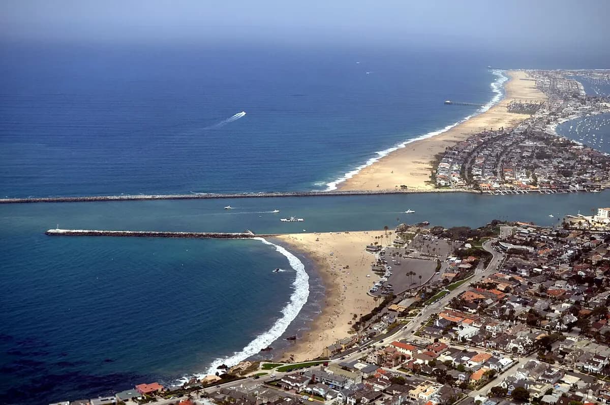 Aerial view of Corona del Mar State Beach by the Newport Harbor entrance