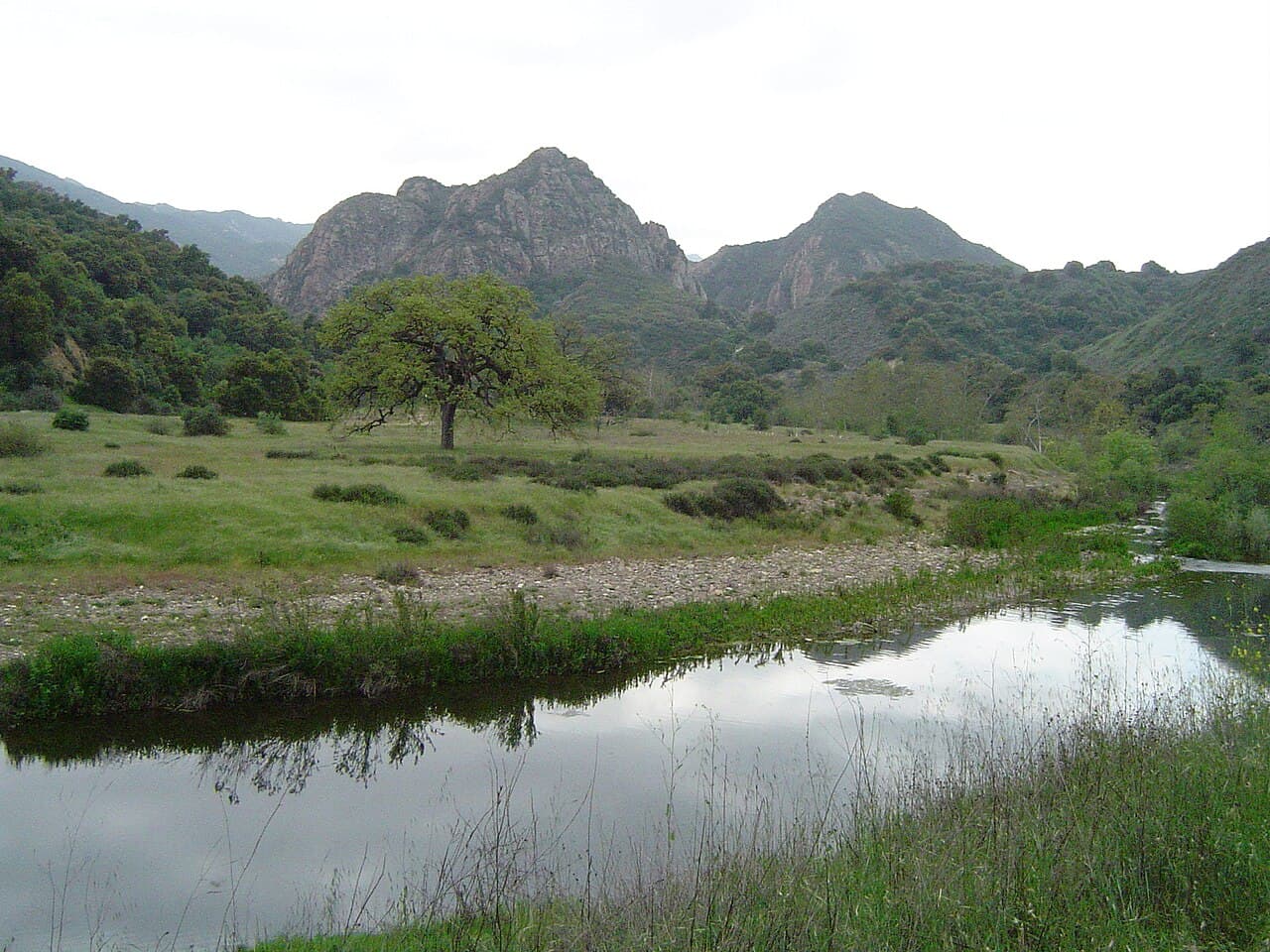 Malibu Creek State Park — Photographed and uploaded by user:Geographer.
Malibu Creek, with a sole valley oak against the backdrop of the conejo volcanic peaks, known as the Goat Buttes, in Santa Monica Mountains.