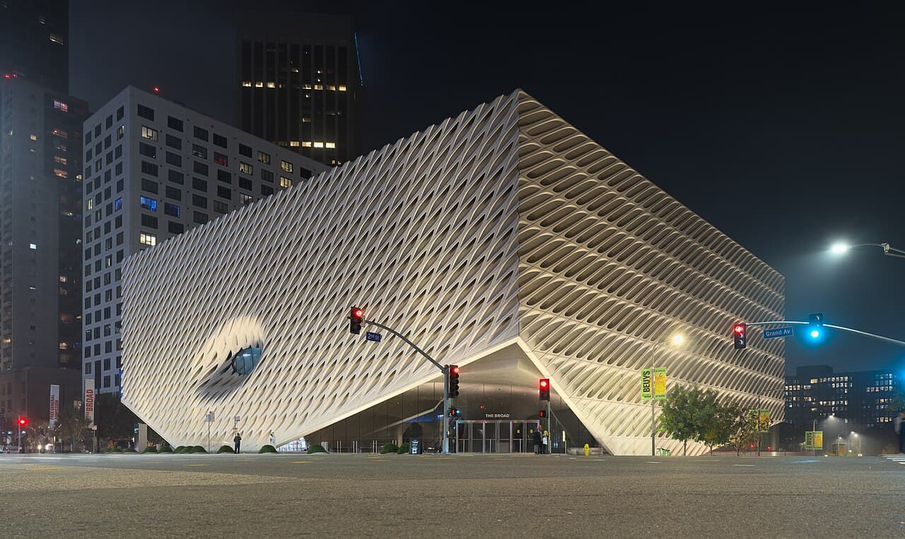 The Broad — Corner view of The Broad, a contemporary art museum in Los Angeles on a slightly foggy evening.